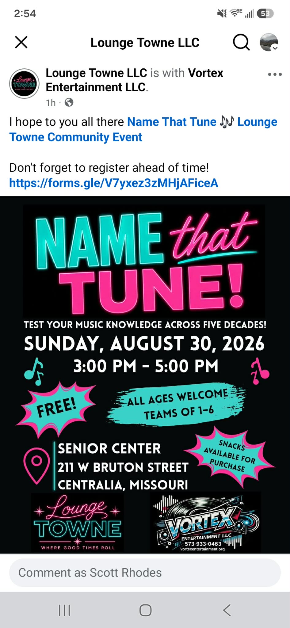 Facebook post from Lounge Towne LLC inviting followers to a music trivia night hosted with Vortex Entertainment